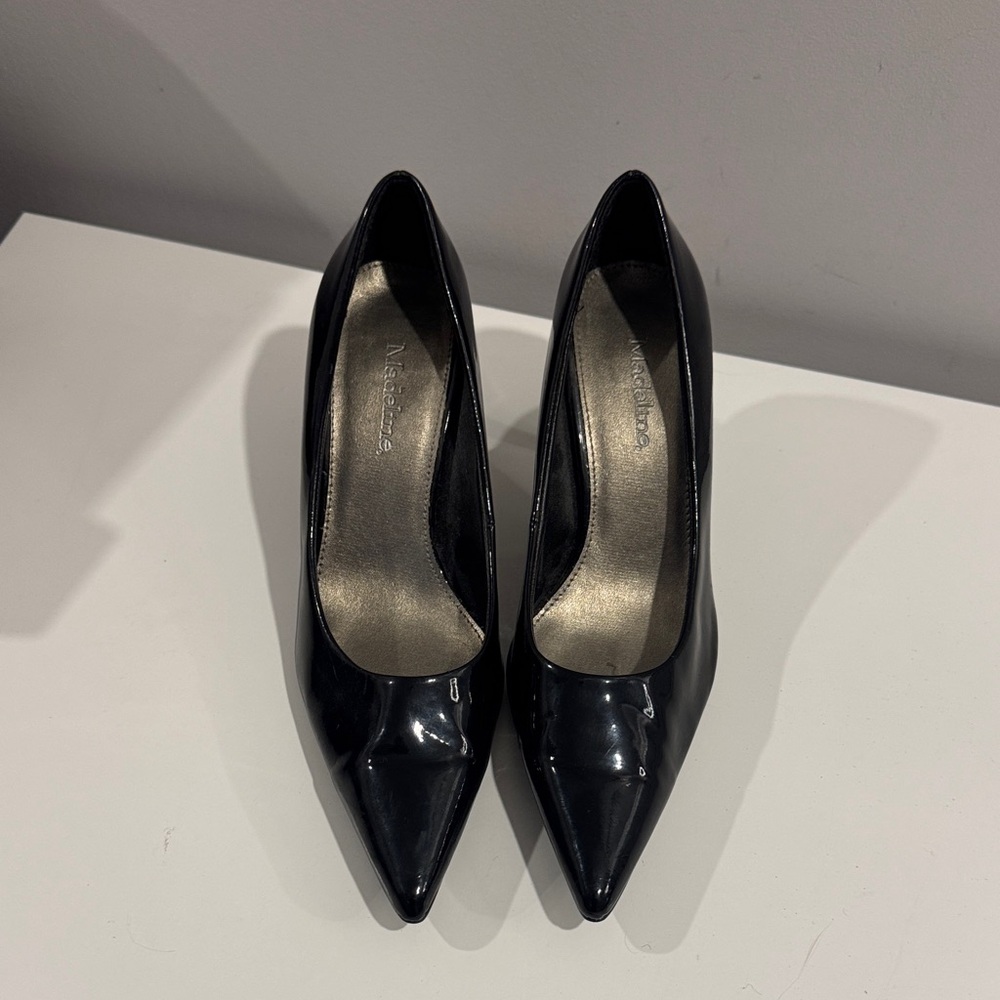 Madeline Black Patent Leather Look Pointed Toe Kitten Heel Shoes